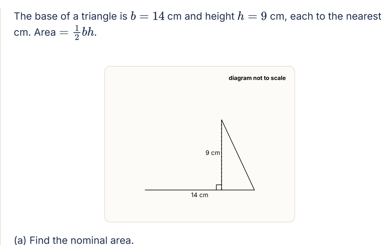 A triangle area question with a real diagram, drawn to the question's own numbers