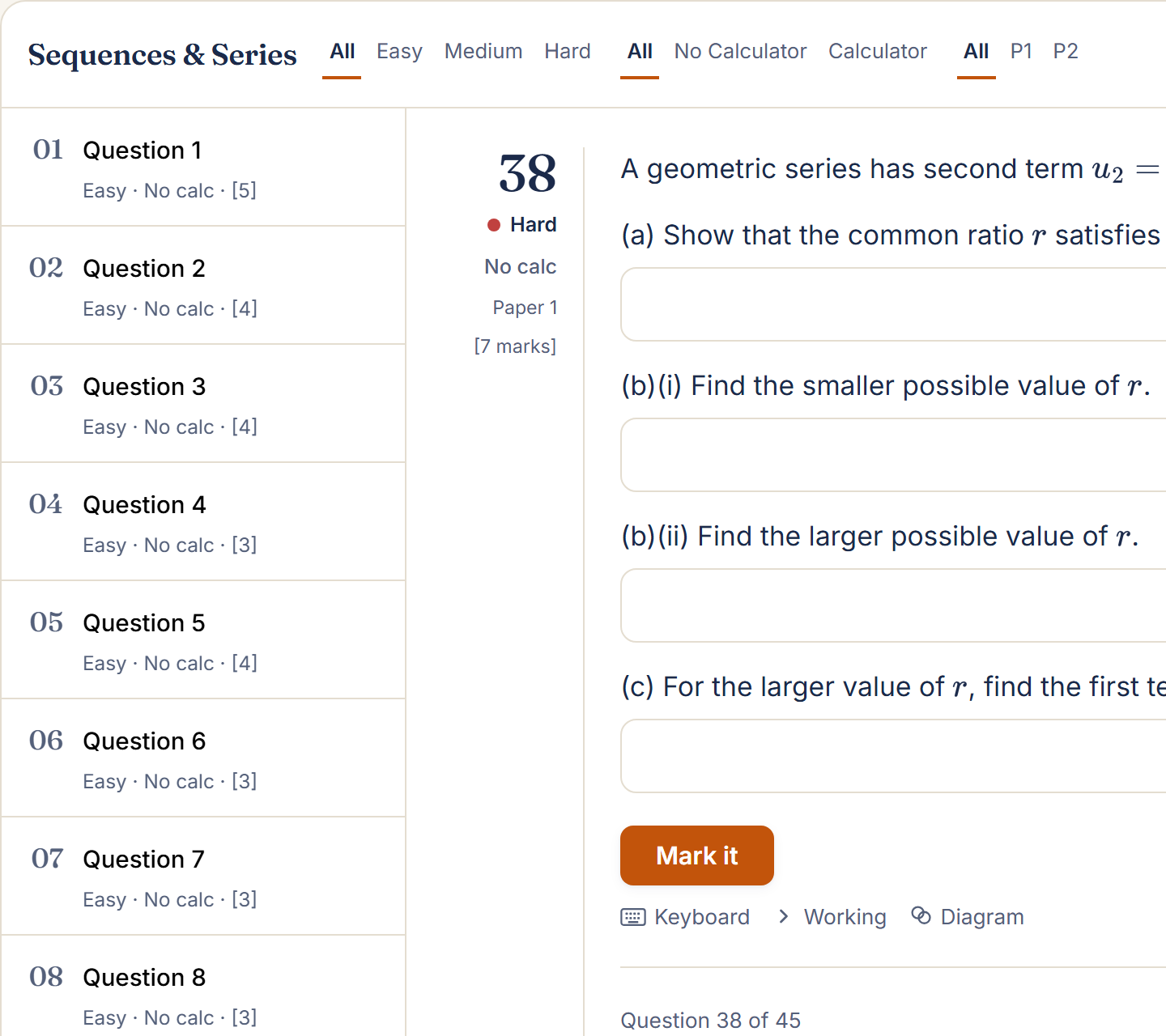 A multi-part exam-style question with the Paper 1 / Paper 2 filter